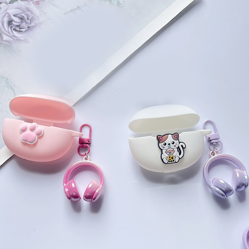 Honor Tablet Accessories - เคสซิลิโคนลายการ์ตูนน่ารักพร้อมพวงกุญแจ สำหรับ Honor Choice Earbuds X5